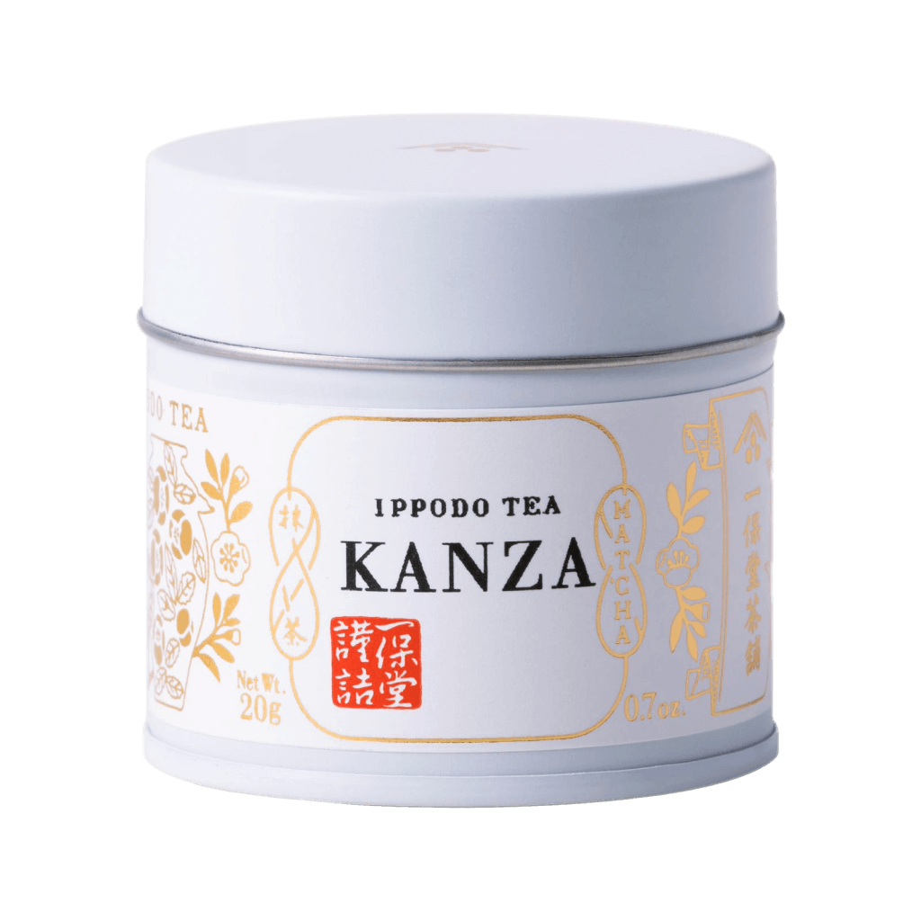 Brand new unopened ornate tin of premium Kanza matcha by Ippodo Tea with Japanese characters and gold flowers leafs on label