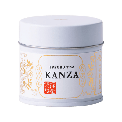 Brand new unopened ornate tin of premium Kanza matcha by Ippodo Tea with Japanese characters and gold flowers leafs on label