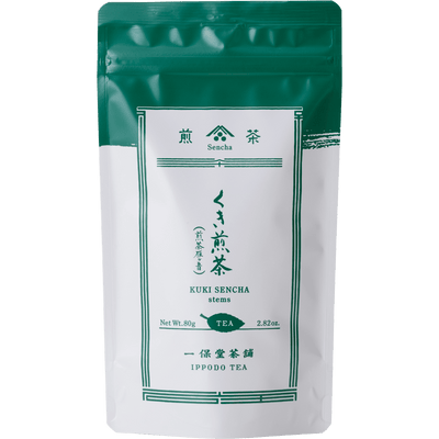 White and forest green resealable 80g bag of loose Stems Sencha green tea by Ippodo Tea with Japanese and English writing
