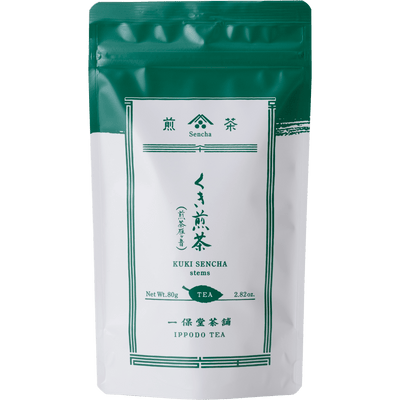 White and forest green resealable 80g bag of loose Stems Sencha green tea by Ippodo Tea with Japanese and English writing