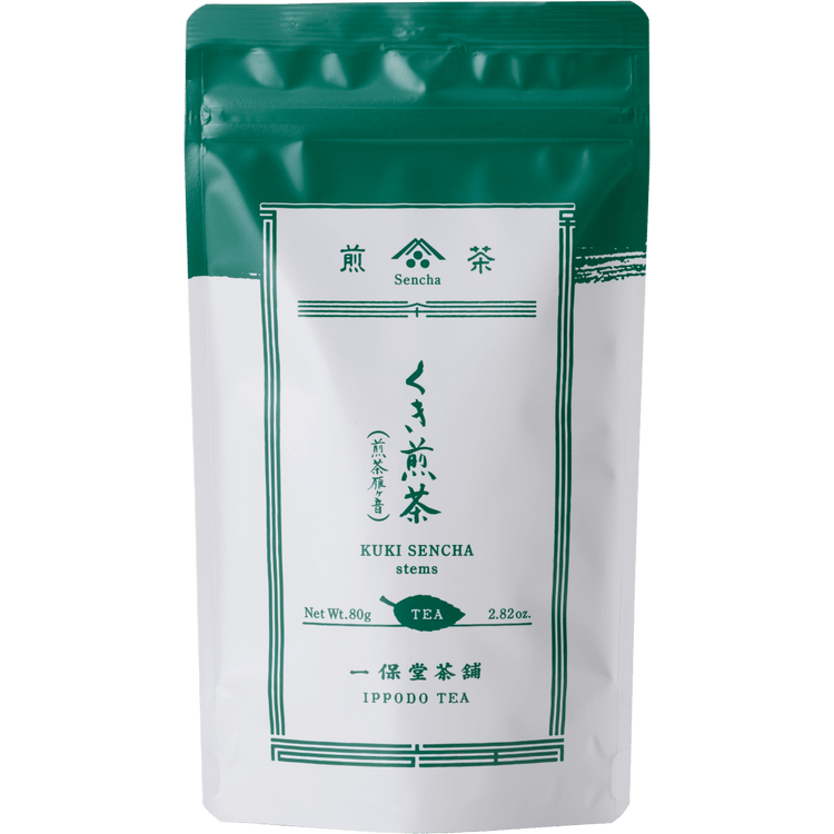 White and forest green resealable 80g bag of loose Stems Sencha green tea by Ippodo Tea with Japanese and English writing