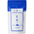 White packaging with blue faux-painted details for Kumpu premium Japanese Sencha green tea 80g bag by Ippodo Tea Co.