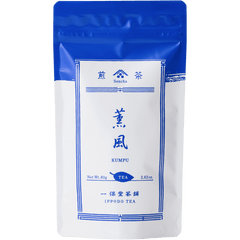 White packaging with blue faux-painted details for Kumpu premium Japanese Sencha green tea 80g bag by Ippodo Tea Co.