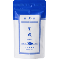 White packaging with blue faux-painted details for Kumpu premium Japanese Sencha green tea 80g bag by Ippodo Tea Co.