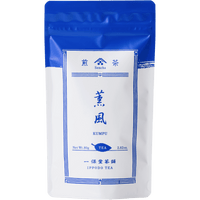 White packaging with blue faux-painted details for Kumpu premium Japanese Sencha green tea 80g bag by Ippodo Tea Co.