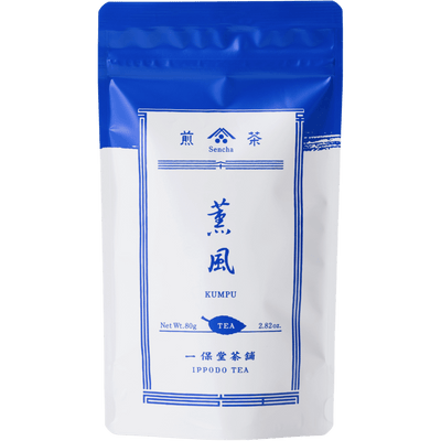 White packaging with blue faux-painted details for Kumpu premium Japanese Sencha green tea 80g bag by Ippodo Tea Co.