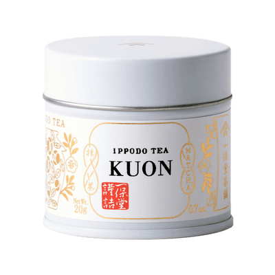 Brand new unopened tin can of Kuon matcha by Ippodo Tea with Japanese characters and gold leaf embossed on white