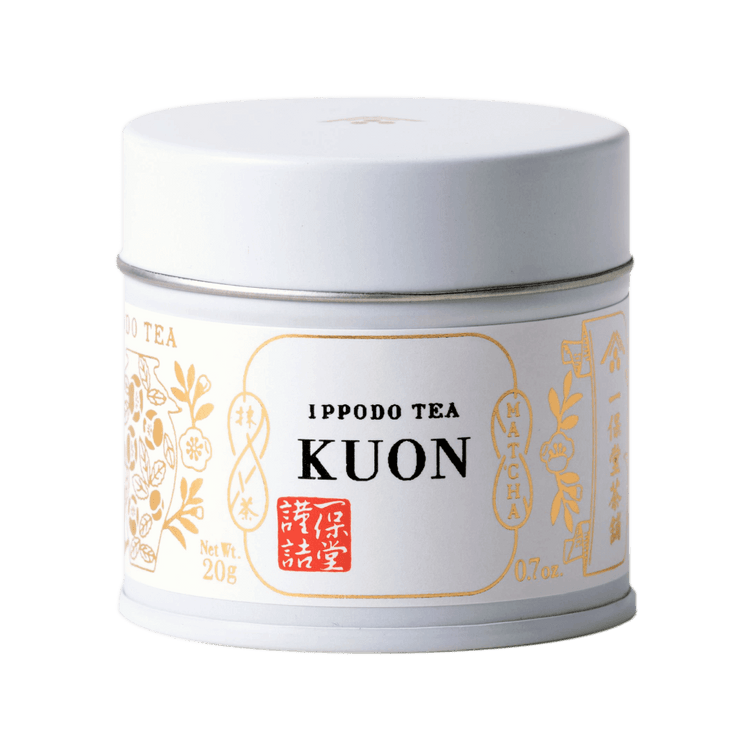 Brand new unopened tin can of Kuon matcha by Ippodo Tea with Japanese characters and gold leaf embossed on white