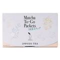 Slim peach color box of Matcha-To-Go Packets with light grey flap to open on front with faint multicolored flowers petals