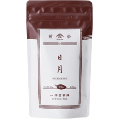 White packaging with brown faux-painted details for Nichigetsu refreshing Japanese Sencha green tea 80g bag by Ippodo Tea Co.