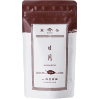 White packaging with brown faux-painted details for Nichigetsu refreshing Japanese Sencha green tea 80g bag by Ippodo Tea Co.