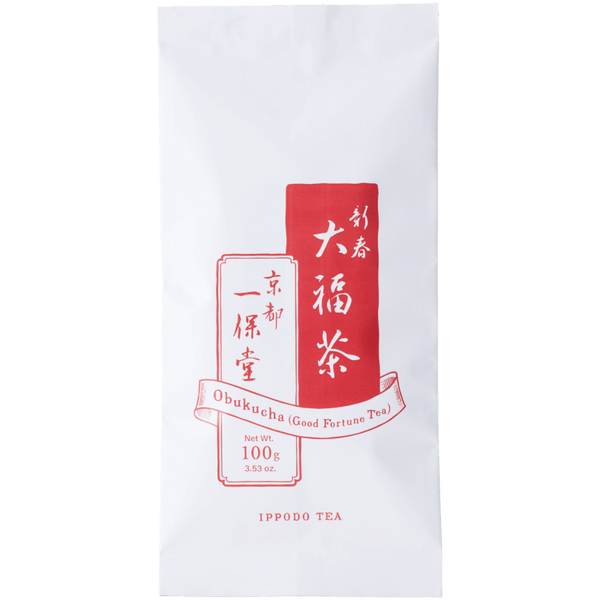 White package with red details of Ippodo's winter edition Obukucha Good Fortune Tea premium Japanese genmaicha 100g bag