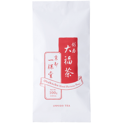 White package with red details of Ippodo's winter edition Obukucha Good Fortune Tea premium Japanese genmaicha 100g bag