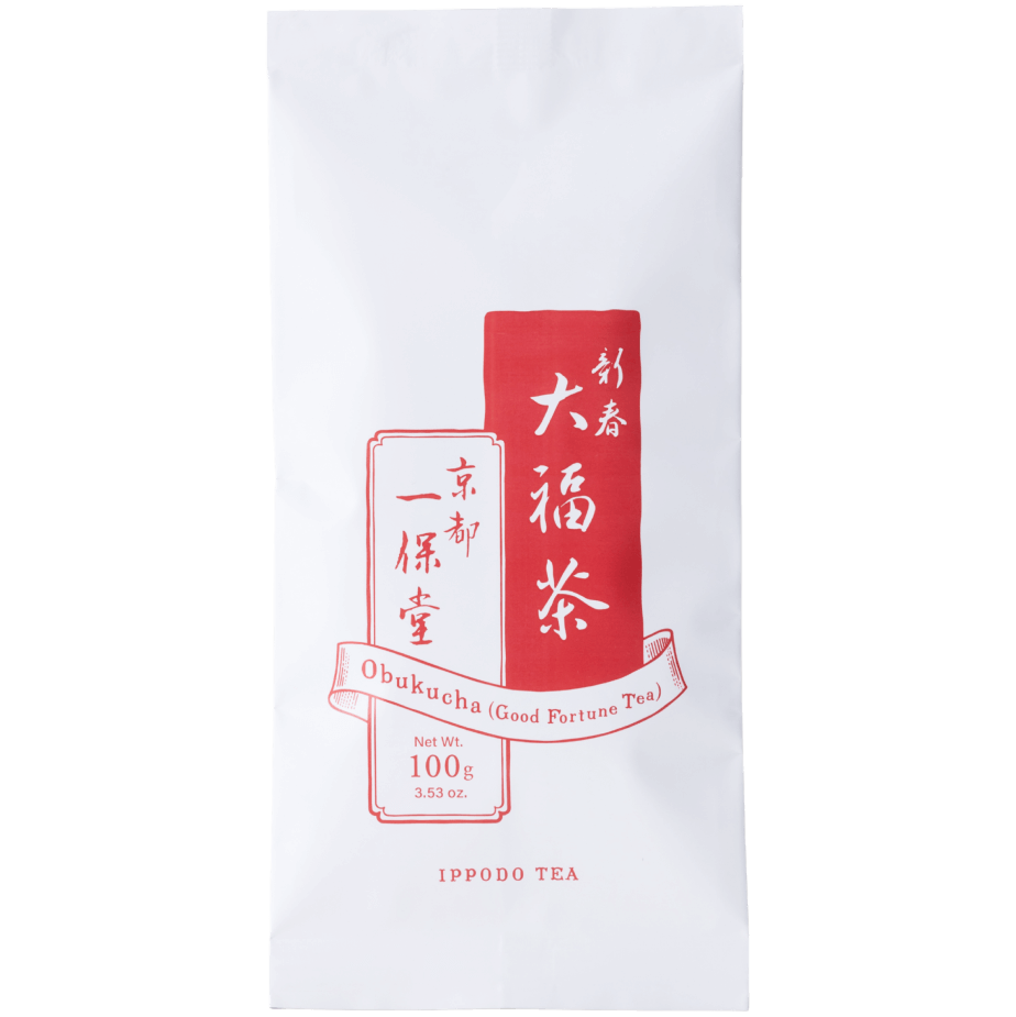 White package with red details of Ippodo's winter edition Obukucha Good Fortune Tea premium Japanese genmaicha 100g bag