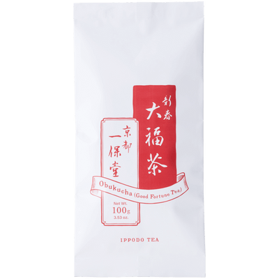 White package with red details of Ippodo's winter edition Obukucha Good Fortune Tea premium Japanese genmaicha 100g bag