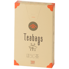 Beige tall slim rectangular box with orange corners of Ippodo Hojicha premium Japanese roasted green tea One-Cup Teabags
