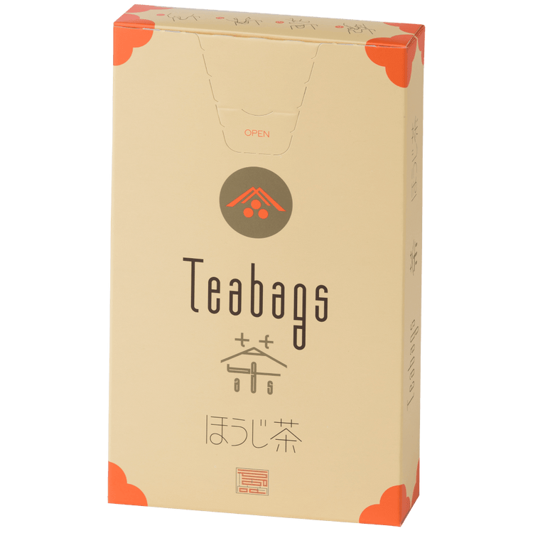 Beige tall slim rectangular box with orange corners of Ippodo Hojicha premium Japanese roasted green tea One-Cup Teabags