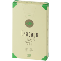 Sealed tall, cream box of 12 Ippodo Sencha One-Cup Teabags with green corners and logo on bronze circle and easy open tab