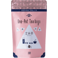 Colorful rose pink bag with drawings triangles and patterns for Japanese Genmaicha green tea with rice One-Pot Teabags