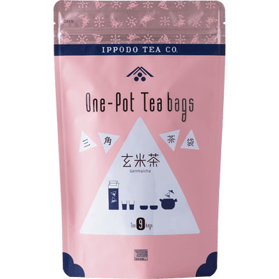 Colorful rose pink bag with drawings triangles and patterns for Japanese Genmaicha green tea with rice One-Pot Teabags