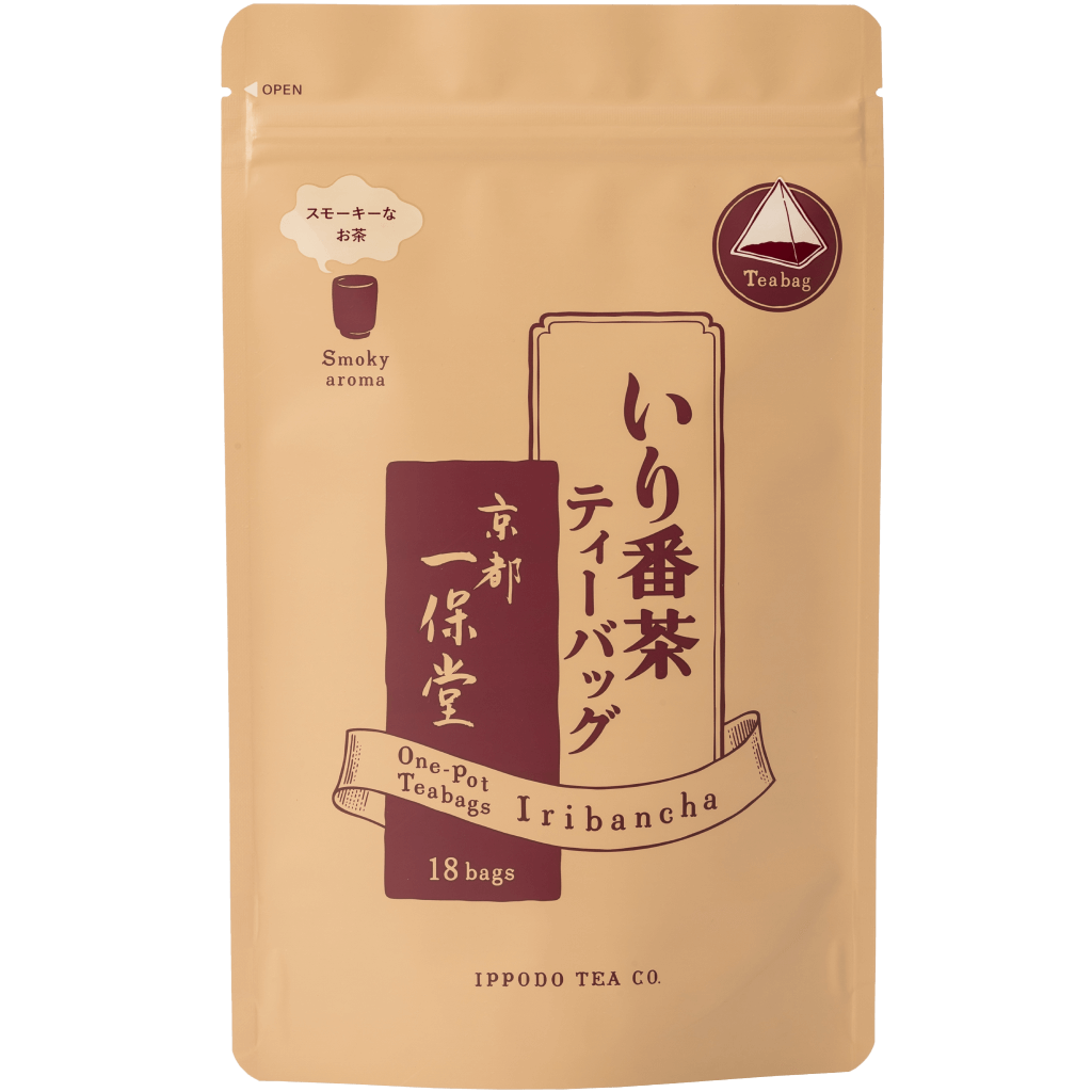 Dark beige sealed packaging bag with maroon designs and Japanese and English writing for Iribancha "smoky aroma" teabags