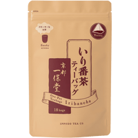 Dark beige sealed packaging bag with maroon designs and Japanese and English writing for Iribancha "smoky aroma" teabags