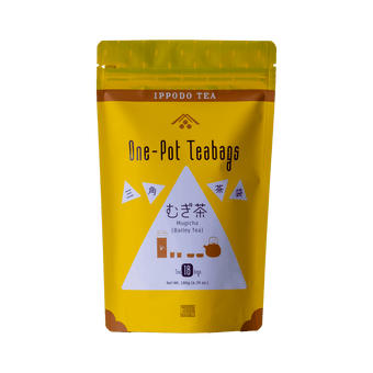 Front of bright sunny yellow packaging bag for Ippodo Tea Co. Mugicha Japanese barley tea one-pot teabags