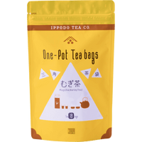 Front of bright sunny yellow packaging bag for Ippodo Tea Co. Mugicha Japanese barley tea one-pot teabags