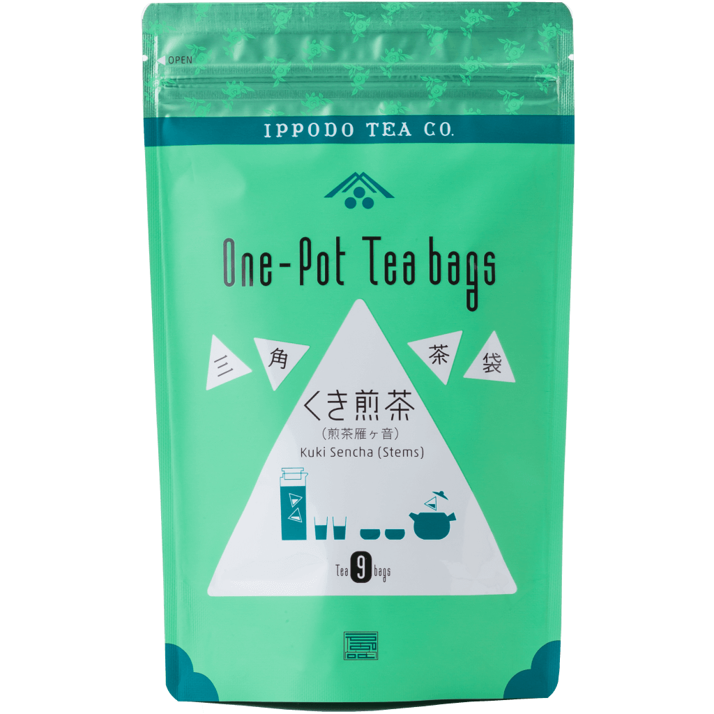 Colorful and playful mint green bag of Ippodo Stems (Kuki) Sencha Japanese green tea with drawings, triangles and patterns