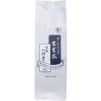White and blue iconic packaging with Japanese writing and dashed lines for Ippodo Organic Genmaicha green tea with rice 