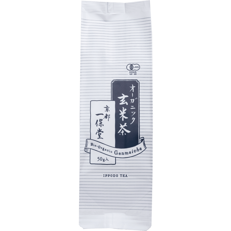 White and blue iconic packaging with Japanese writing and dashed lines for Ippodo Organic Genmaicha green tea with rice 