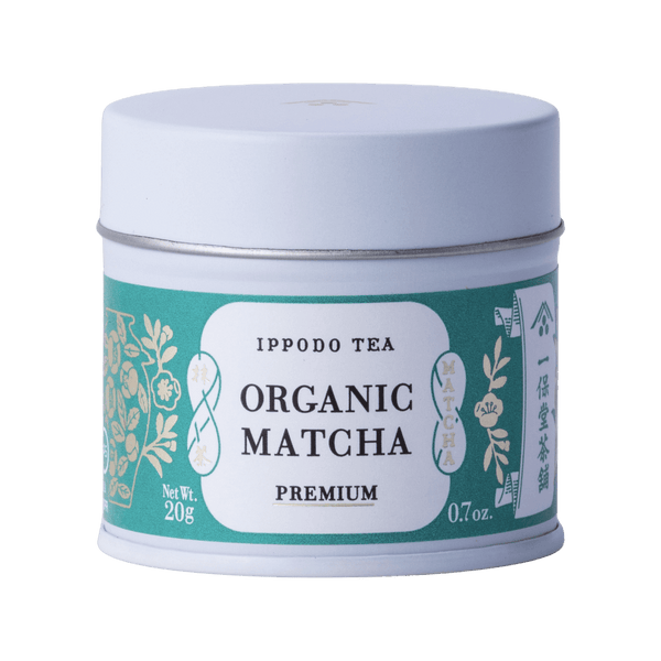 Brand new bright teal and white tin of Japanese Premium Organic Matcha powder with iconic Ippodo tea pot and floral design