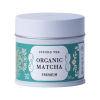 Brand new bright teal and white tin of Japanese Premium Organic Matcha powder with iconic Ippodo tea pot and floral design