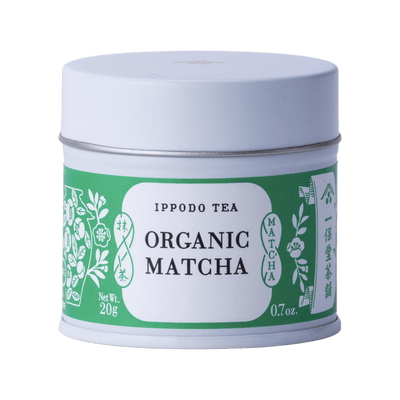 Brand new bright green and white unopened tin of Organic Matcha green tea powder with iconic Ippodo tea pot and floral design