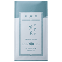 White and pale blue grey traditional packaging bag with Japanese characters for Ippodo Tea Co. Rimpo Organic Sencha green tea