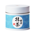 Brand new tin can of Ippodo Tea Premium Select Matcha with turquoise floral label with Japanese writing in white circle