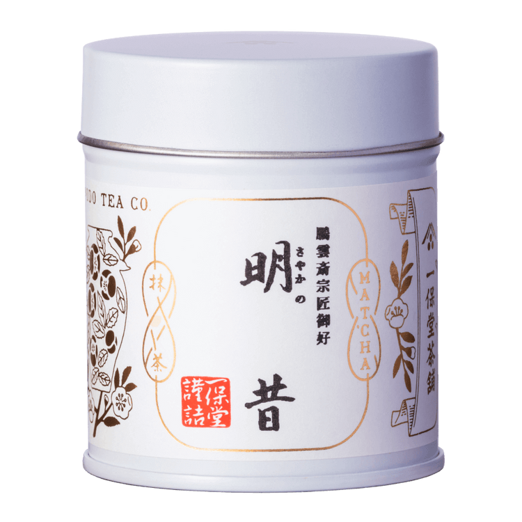 New unopened large tin can of Ippodo Tea Sayaka matcha with Japanese characters and gold leaf embossed on white