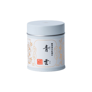 Brand new unopened tin can of Ippodo Tea Seiun matcha with Japanese characters and gold leaf embossed on white