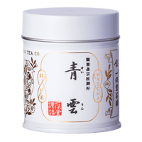 Brand new unopened tin can of Ippodo Tea Seiun matcha with Japanese characters and gold leaf embossed on white