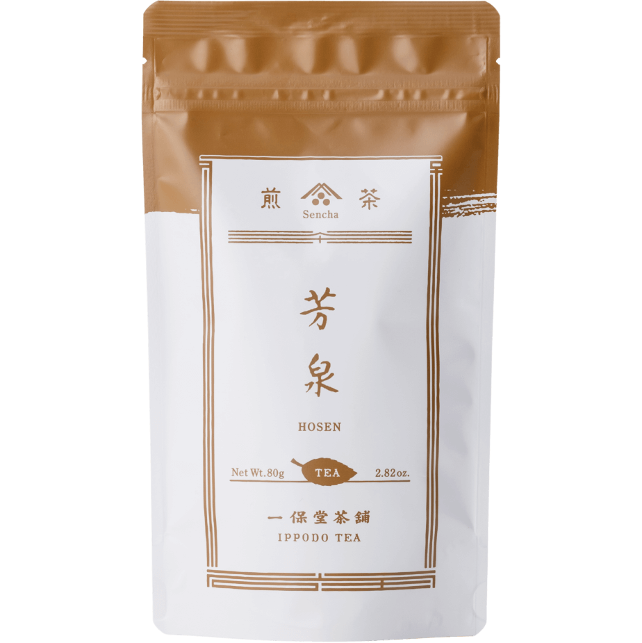 White packaging with bronze faux-painted details of Hosen Sencha classic Japanese green tea 80g bag by Ippodo Tea Co.