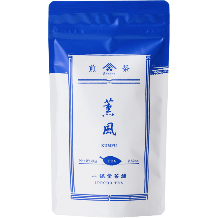 White packaging with blue faux-painted details for Kumpu premium Japanese Sencha green tea 80g bag by Ippodo Tea Co.