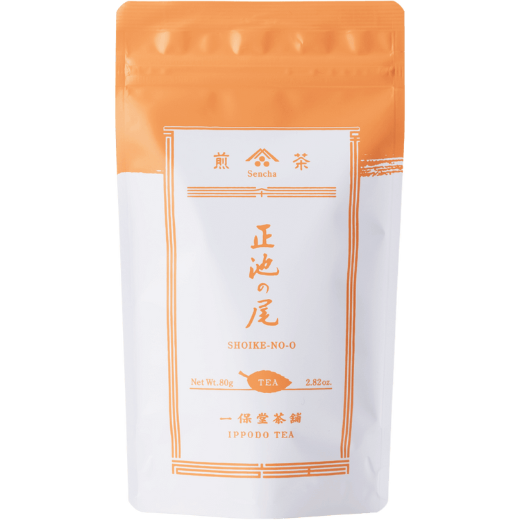 White packaging with orange faux-painted details for Shoike classic Japanese Sencha green tea 80g bag by Ippodo Tea Co.
