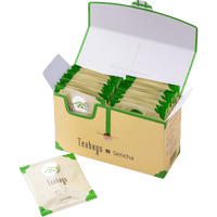Open cream box containing 25 individually wrapped Sencha Teabags beside one teabag packet with green corners and Ippodo logo