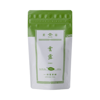 White packaging with green faux-painted details for Unro refreshing Japanese Sencha green tea 80g bag by Ippodo Tea Co.