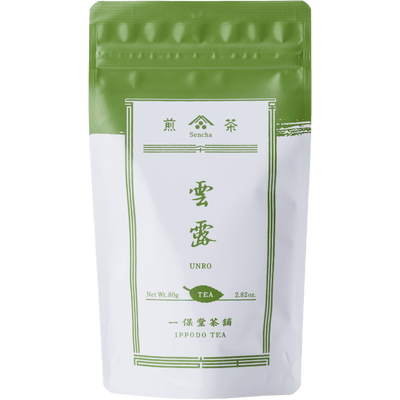 White packaging with green faux-painted details for Unro refreshing Japanese Sencha green tea 80g bag by Ippodo Tea Co.