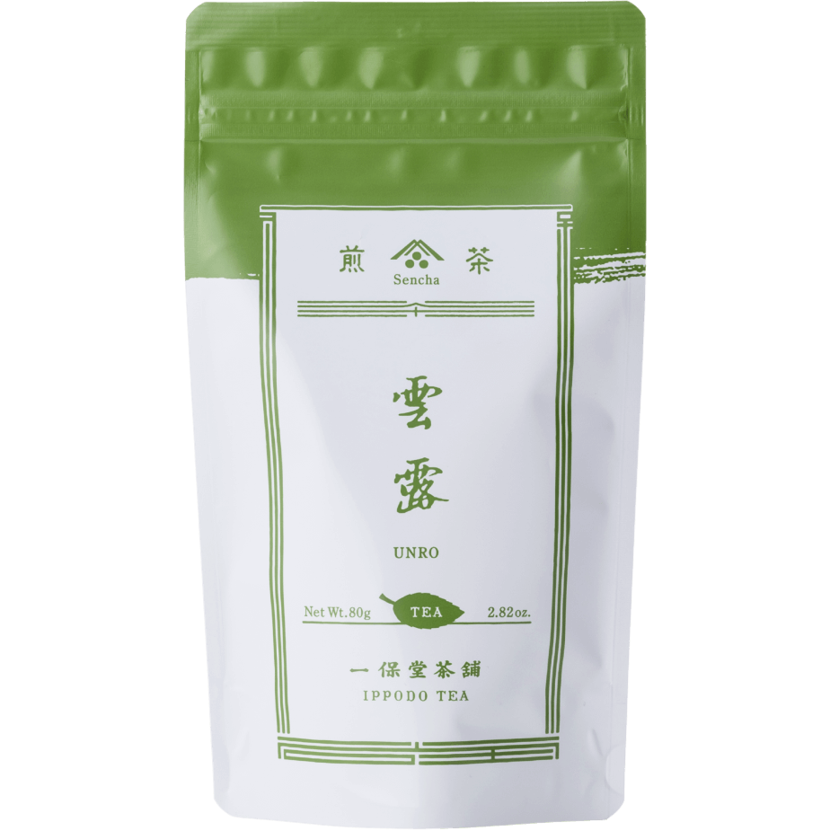 White packaging with green faux-painted details for Unro refreshing Japanese Sencha green tea 80g bag by Ippodo Tea Co.
