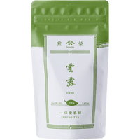 White packaging with green faux-painted details for Unro refreshing Japanese Sencha green tea 80g bag by Ippodo Tea Co.