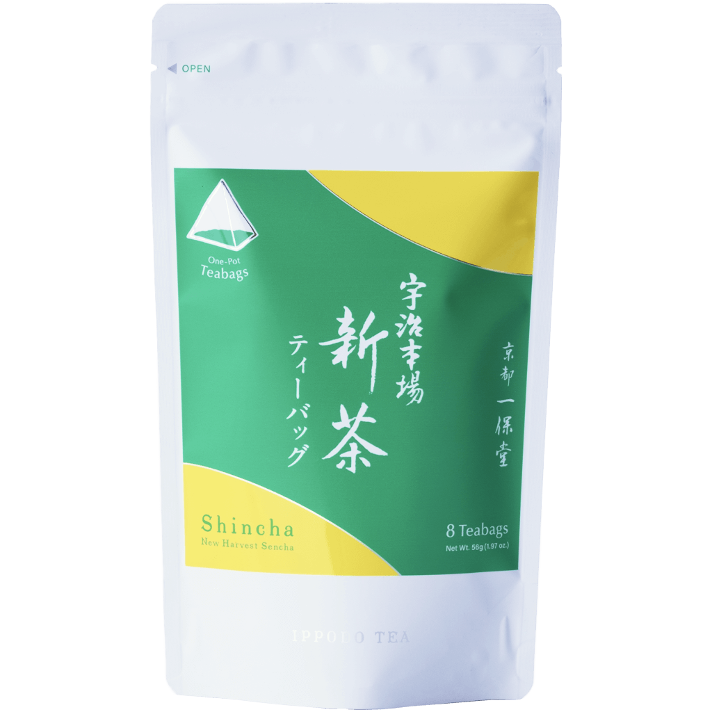 Package for Uji-Shincha sencha one-pot teabags with vibrant green label with yellow circles and Japanese and English writing