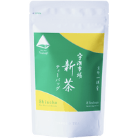 Package for Uji-Shincha sencha one-pot teabags with vibrant green label with yellow circles and Japanese and English writing