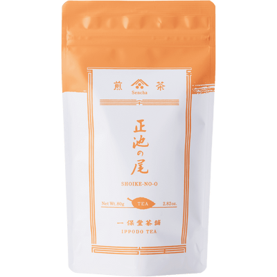 White packaging with orange faux-painted details for Shoike classic Japanese Sencha green tea 80g bag by Ippodo Tea Co.